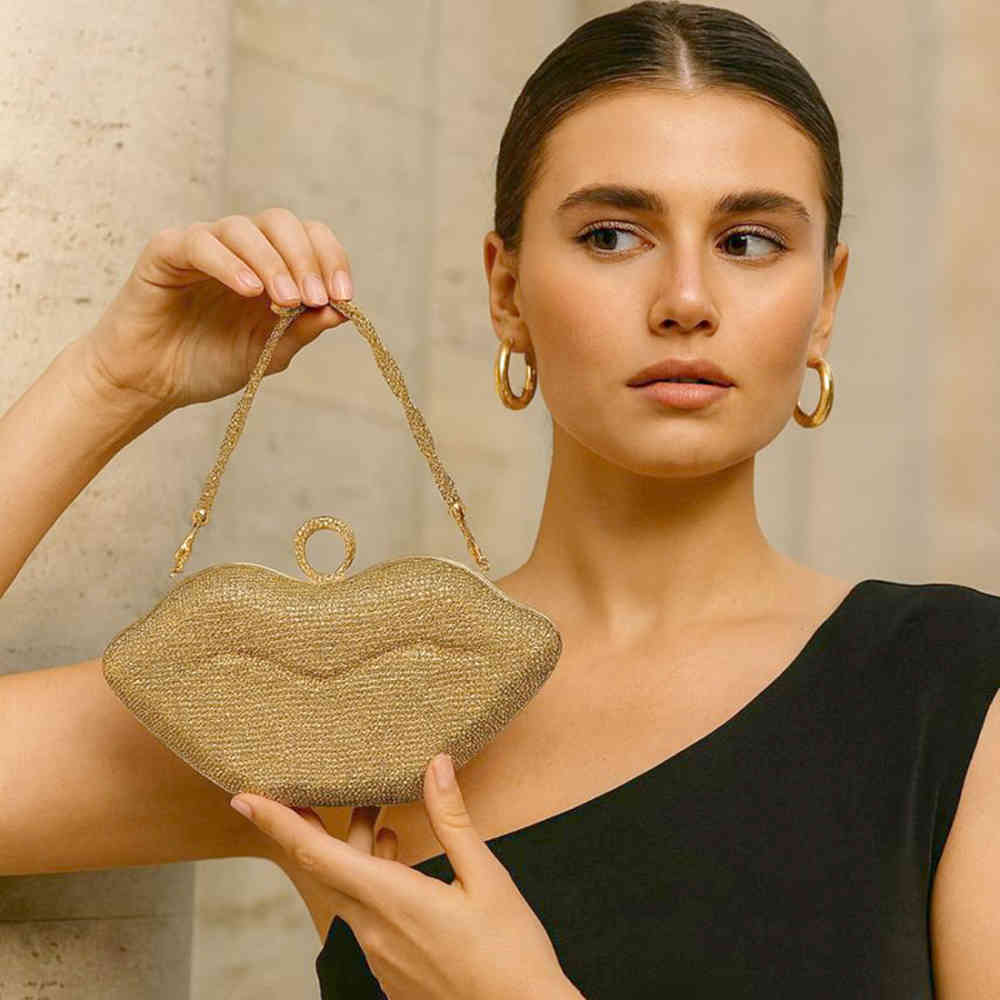 Golden Swvaroski Lip Shape Party Wear Beige Clutch Bag