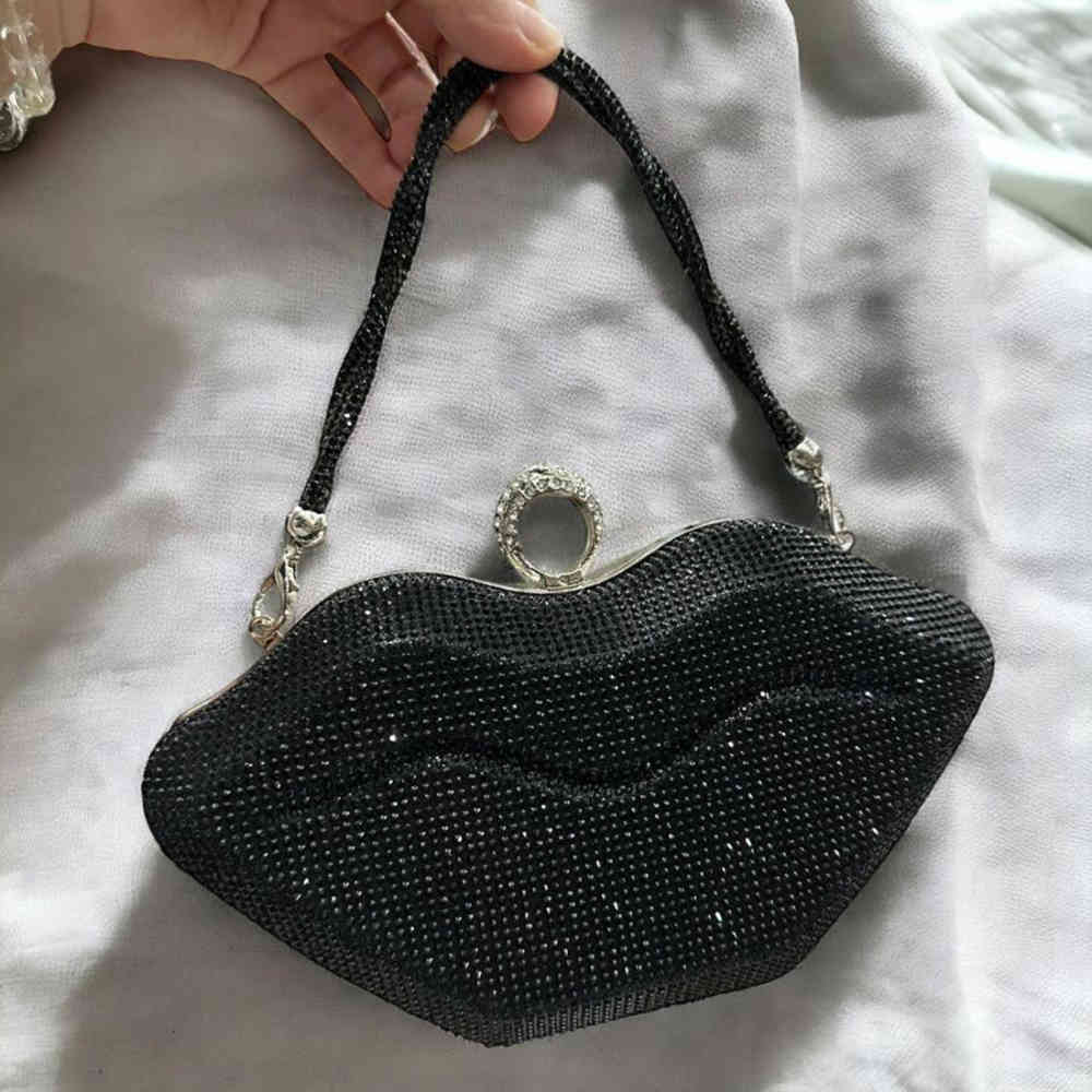Swvaroski Lip Shape Party Wear Black Clutch Bag-1