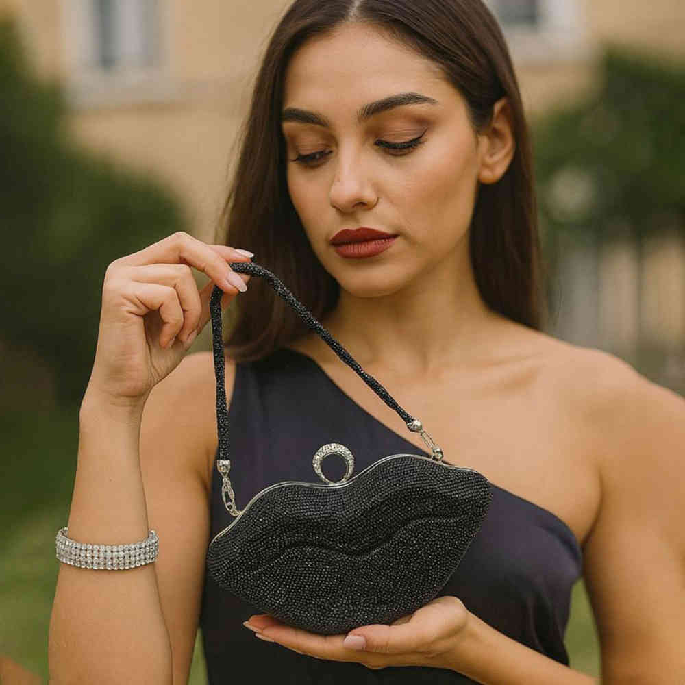 Black Swvaroski Lip Shape Party Wear Beige Clutch Bag