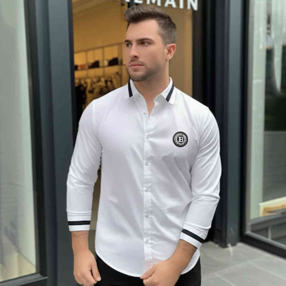 White Balmain Embroidered Black Premium Cotton Shirt
