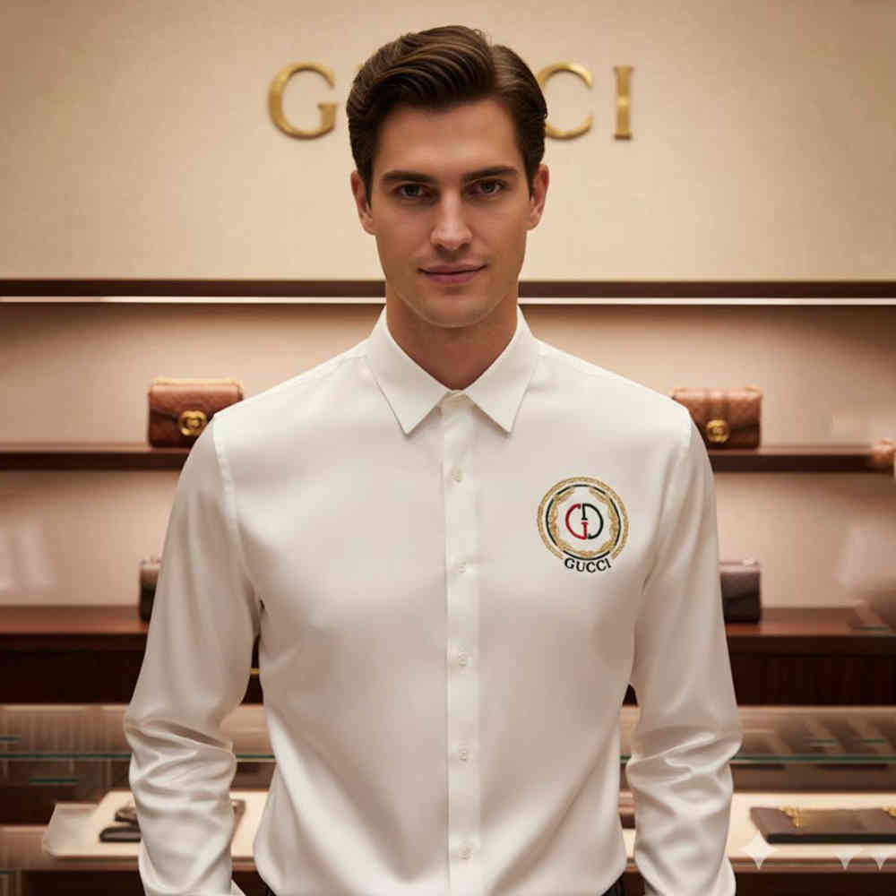 White Gucci GG Embroidery Black Cotton Shirt