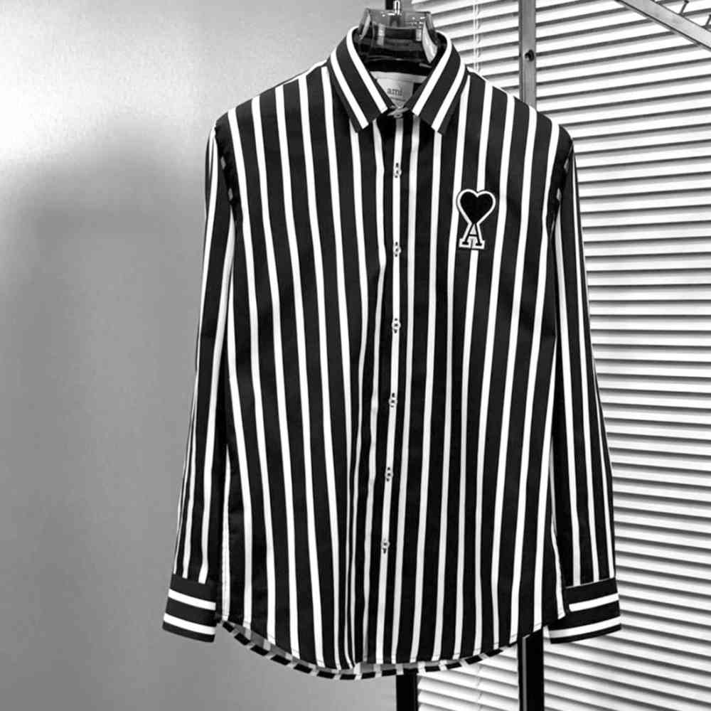 Black Ami Paris Heart Logo Blue Striped Shirt