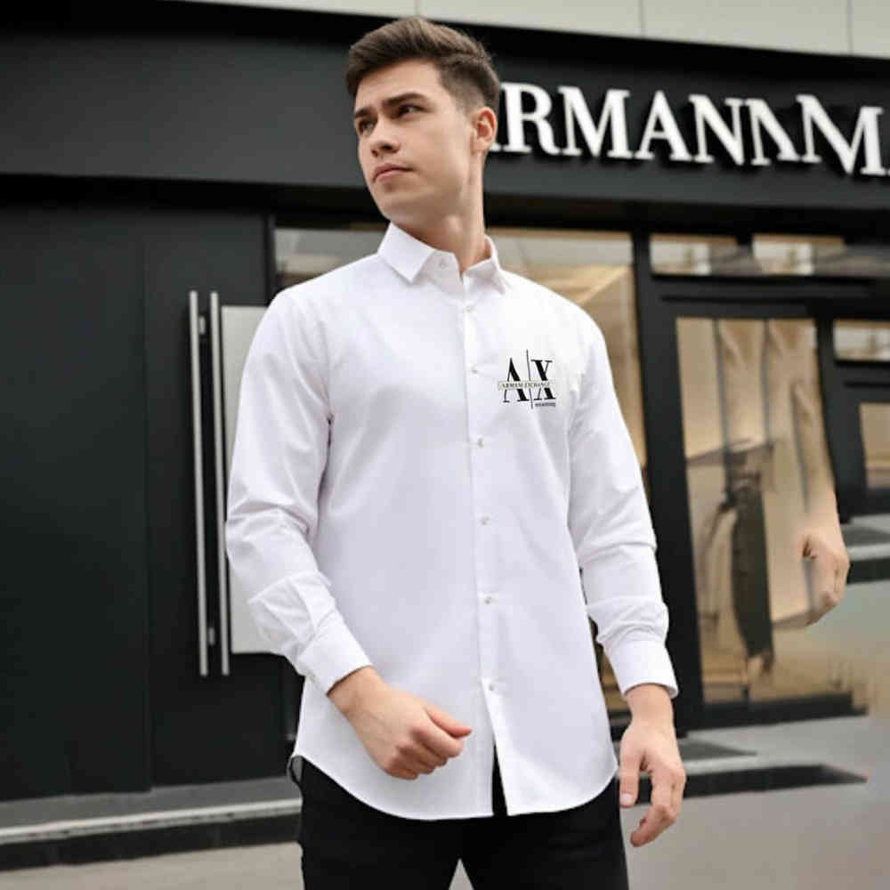 White Armani Exchange Men's Mixmag Regular Fit Navy Blue Cotton Shirt