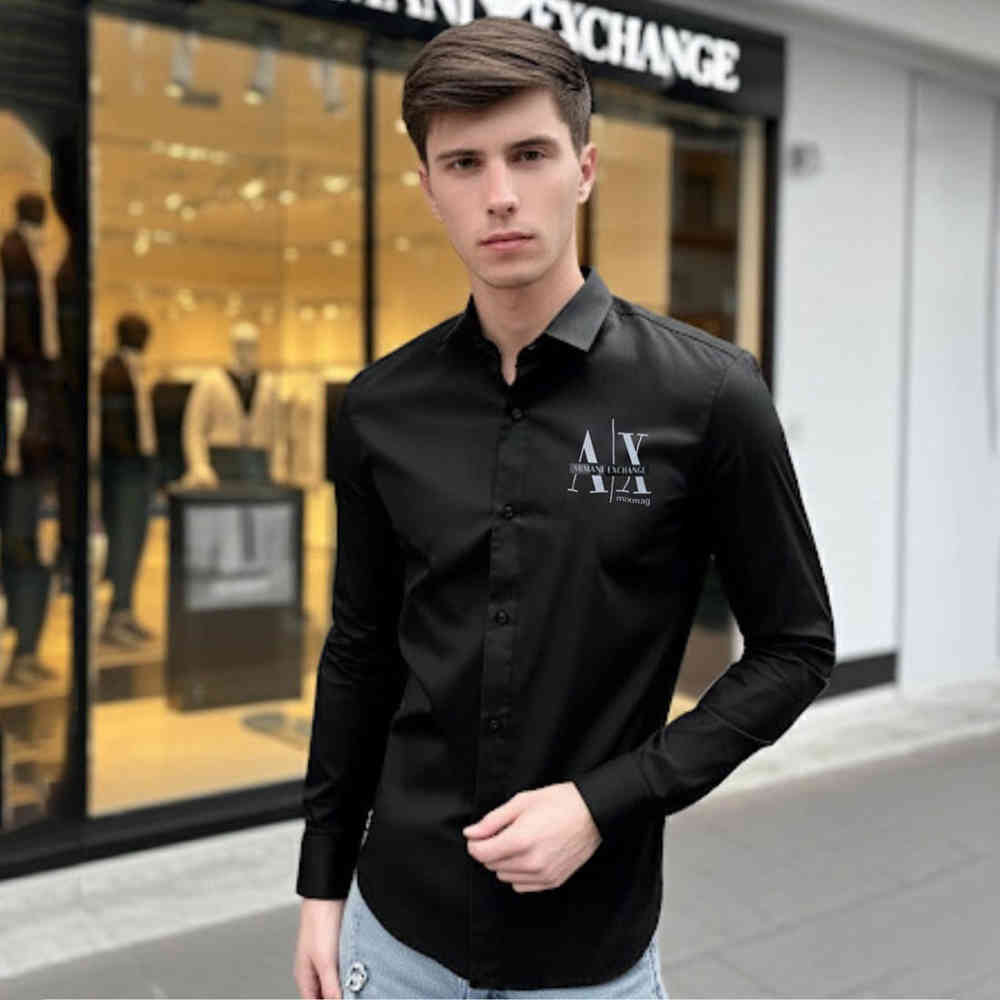 Black Armani Exchange Men's Mixmag Regular Fit Navy Blue Cotton Shirt