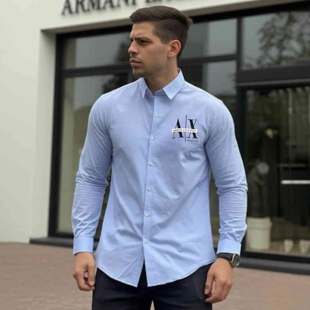 Sky Blue Armani Exchange Men's Mixmag Regular Fit Navy Blue Cotton Shirt