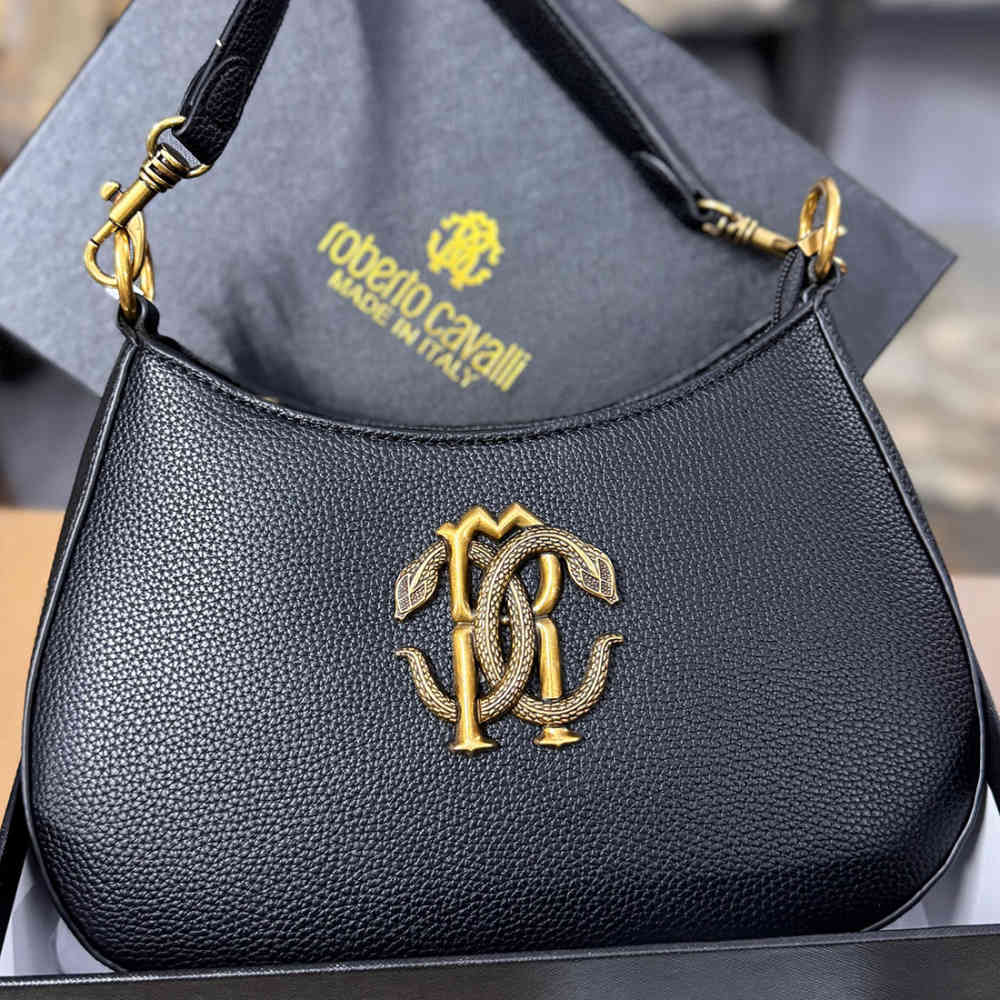 Black Roberto Cavalli Vintage RC Oxidised Logo Beige Shoulder Bag