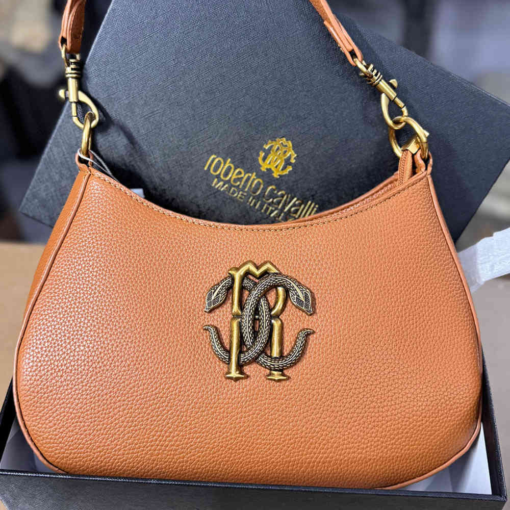 Brown Roberto Cavalli Vintage RC Oxidised Logo Beige Shoulder Bag