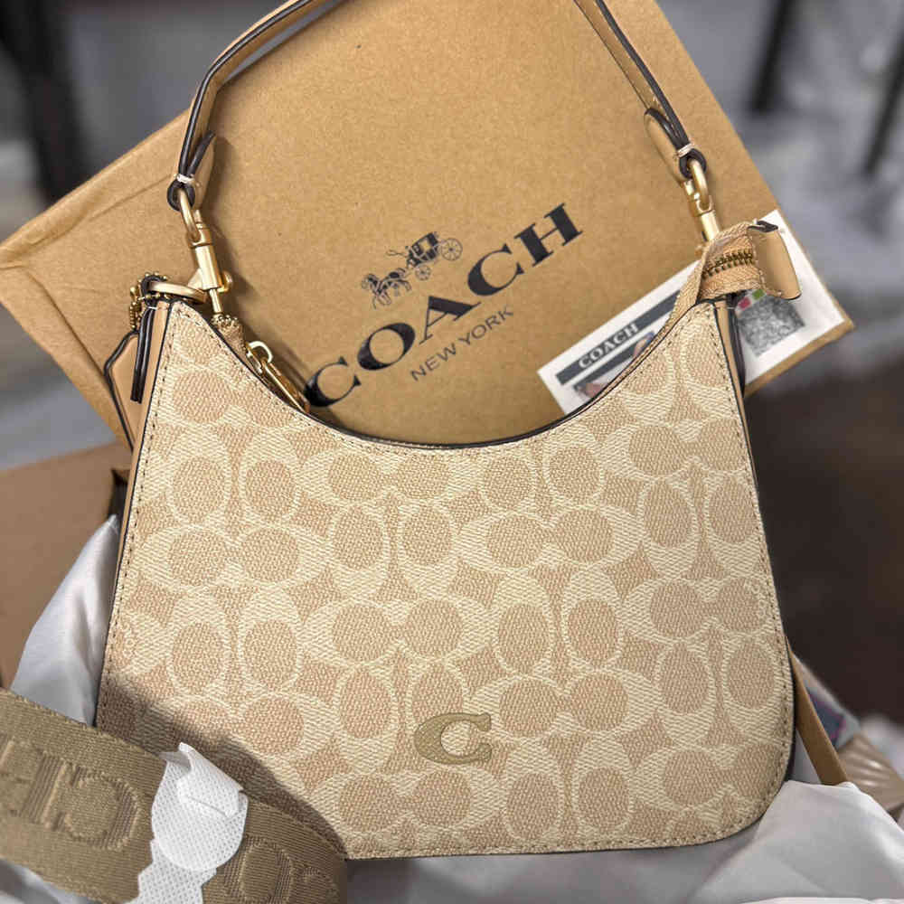Beige Coach C Logo Small Black Shoulder Bag