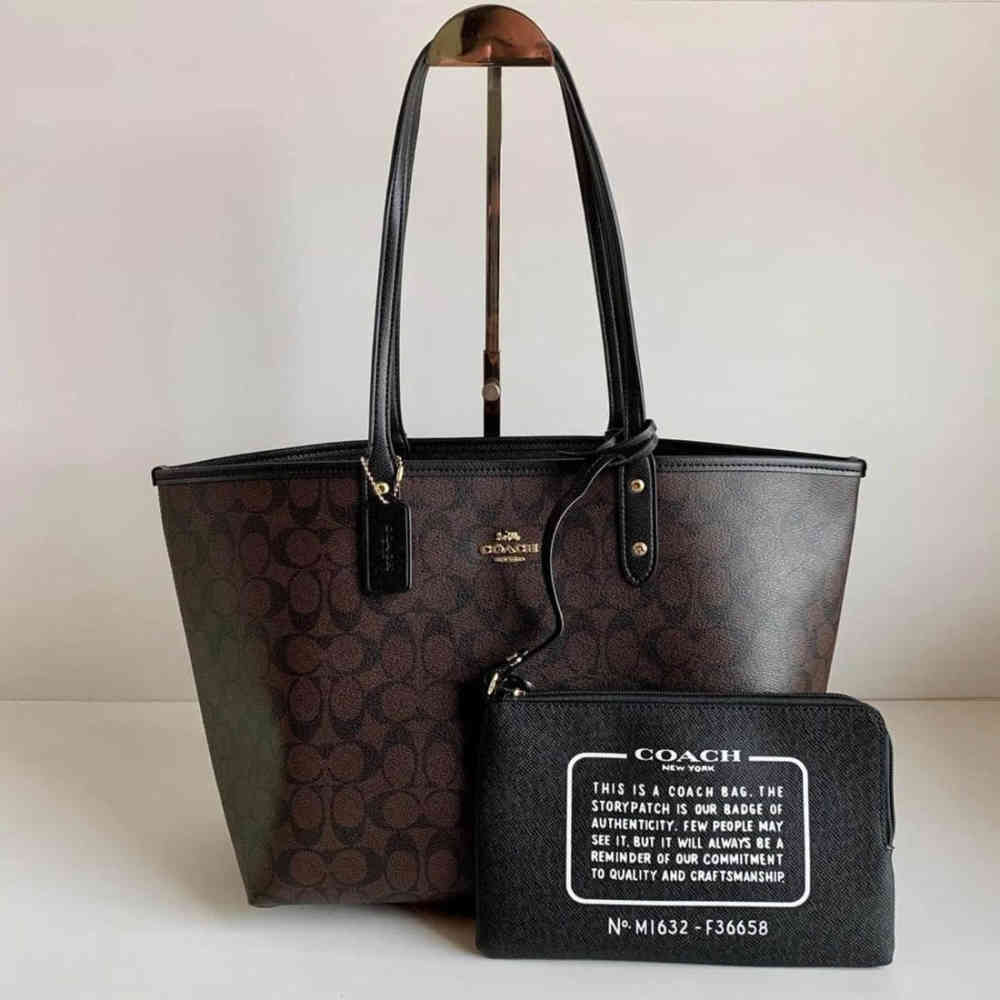 Black Coach City Pouch Beige Tote Bag