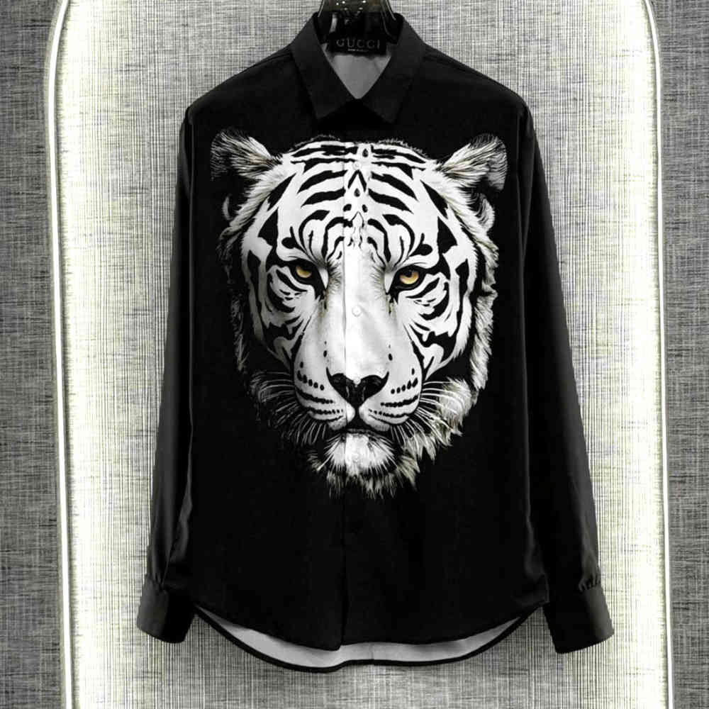 Black Gucci Tiger Print White Cotton Shirt