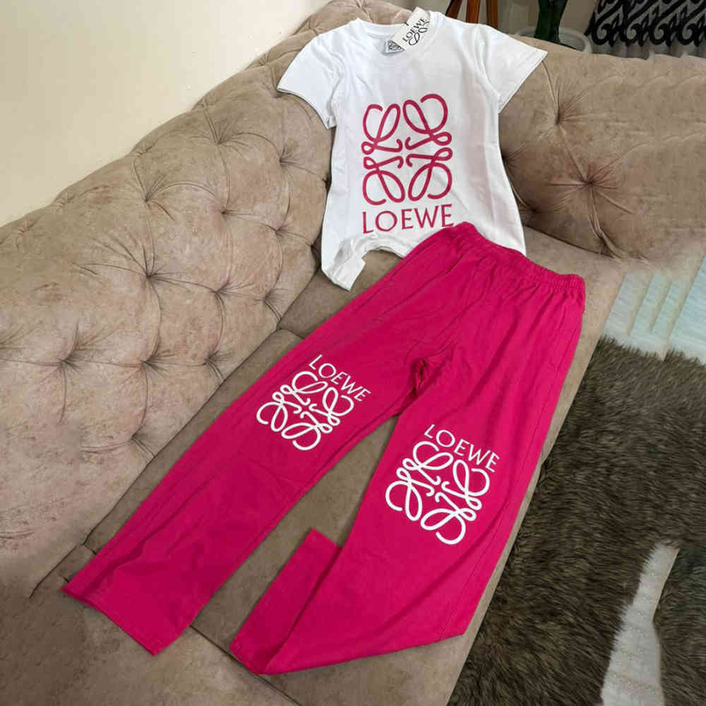 White & Pink Loewe Embroidered logo White & Black Premium Co-ord Set