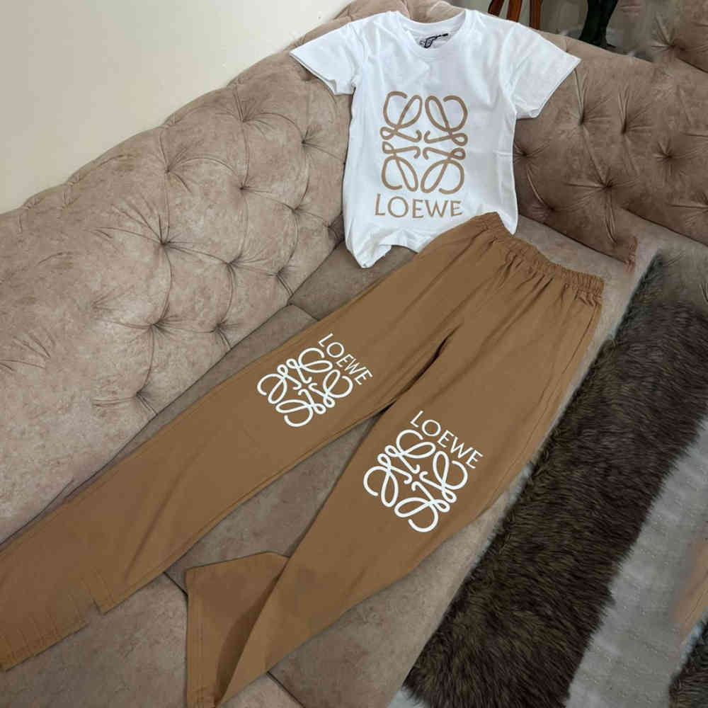 White & Beige Loewe Embroidered logo White & Black Premium Co-ord Set