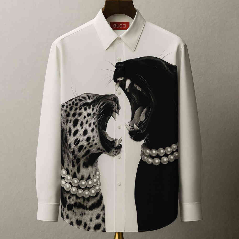 White Gucci Leopard and Black Panther Black Cotton Shirt