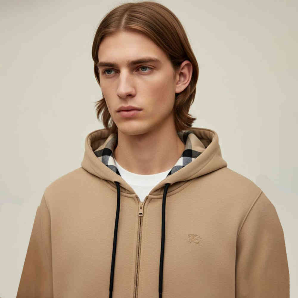 Brown Burberry Hood Embroidery Logo White Zip Hoodie