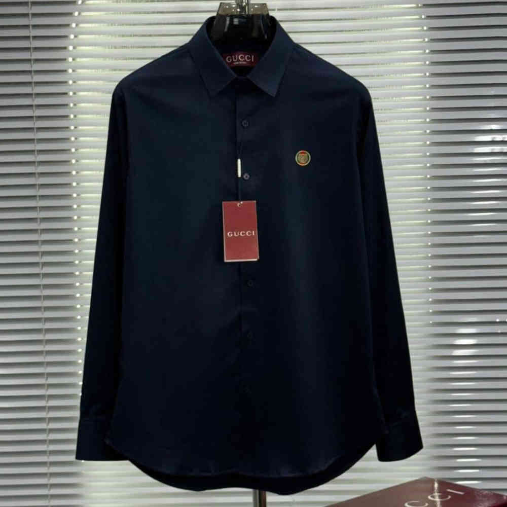 Blue Gucci GG Embroidery Black Stretch Cotton Shirt