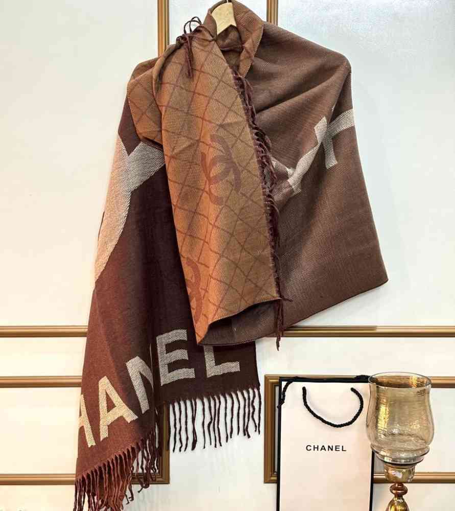 Dark Brown Chanel Designer Beige Woolen Stole
