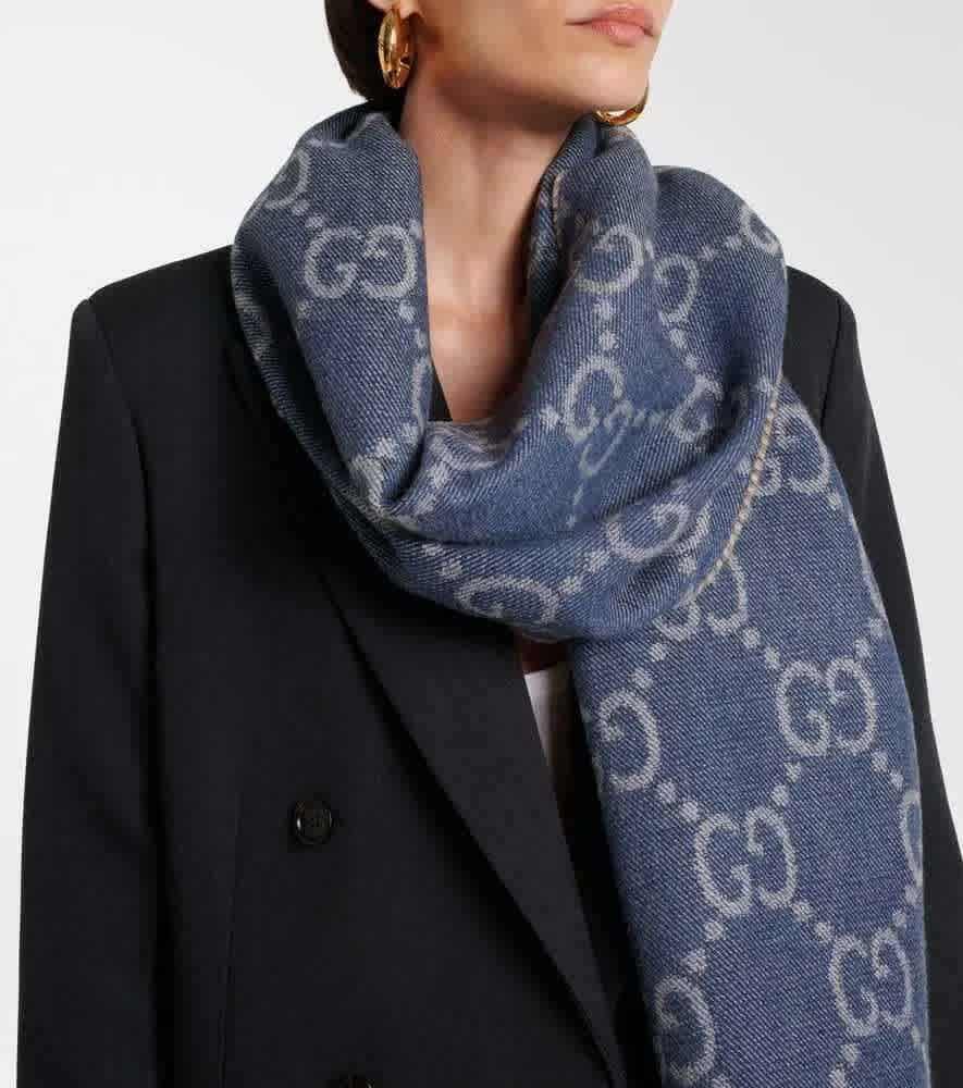 Gucci GG Monogram Bee Warm Blue Reversible Cashmere Stole-1