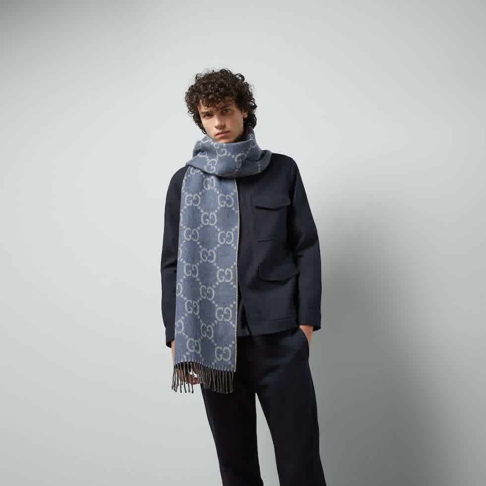 Gucci GG Monogram Bee Warm Blue Reversible Cashmere Stole-thumb-2