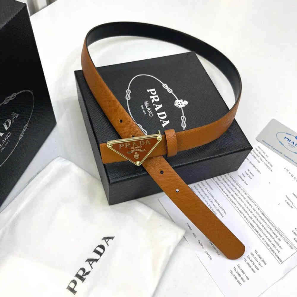 Brown Prada Milano Gold Triangle Beige Belt