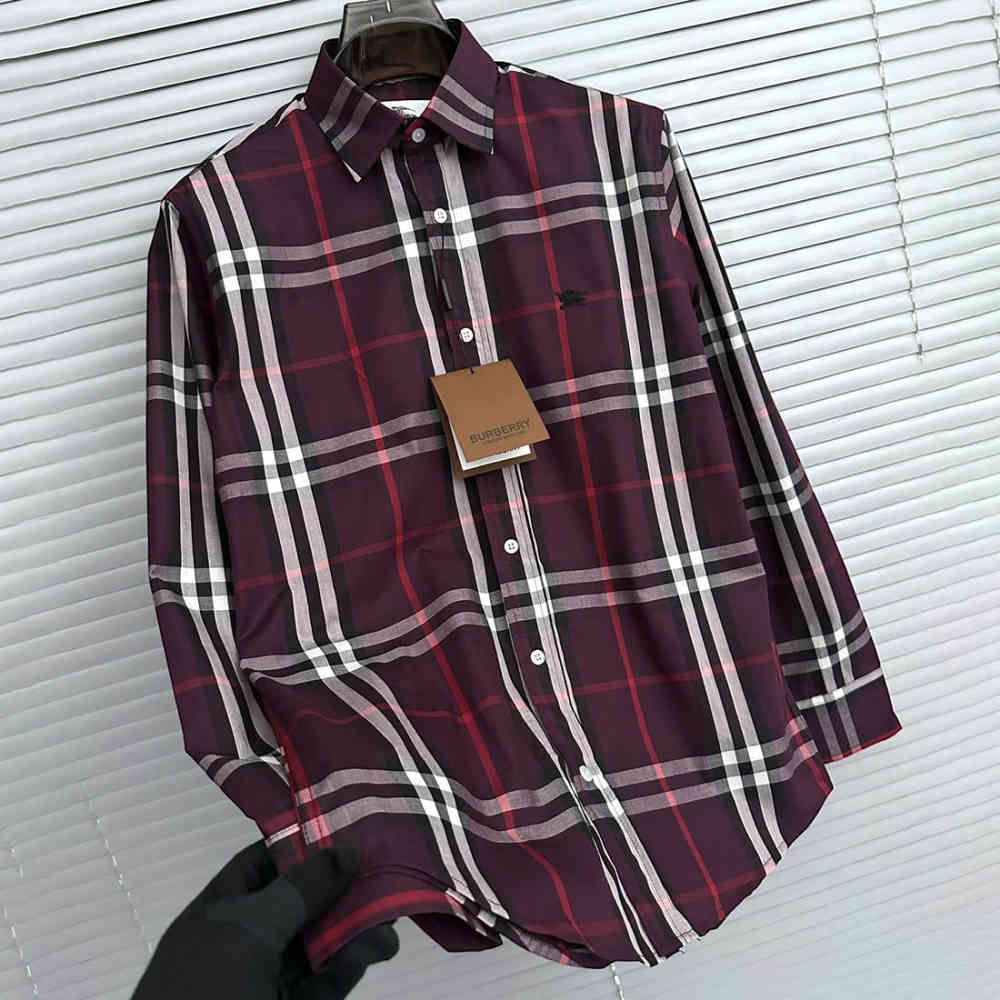 Wine Burberry Checked Grey Premium Shirt