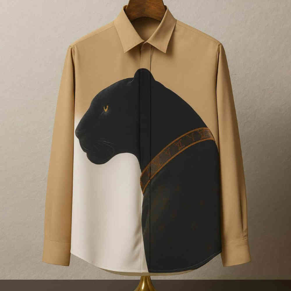 Brown Louis Vuitton Monogram Black Panther Print Premium Cotton Shirt