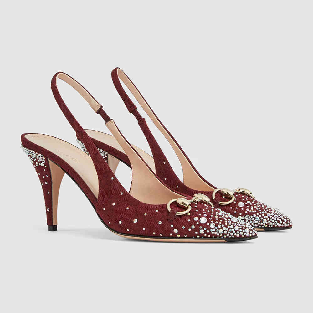 Gucci Women's Crystal Horsebit Red Slingback Heels Sandles-thumb-0
