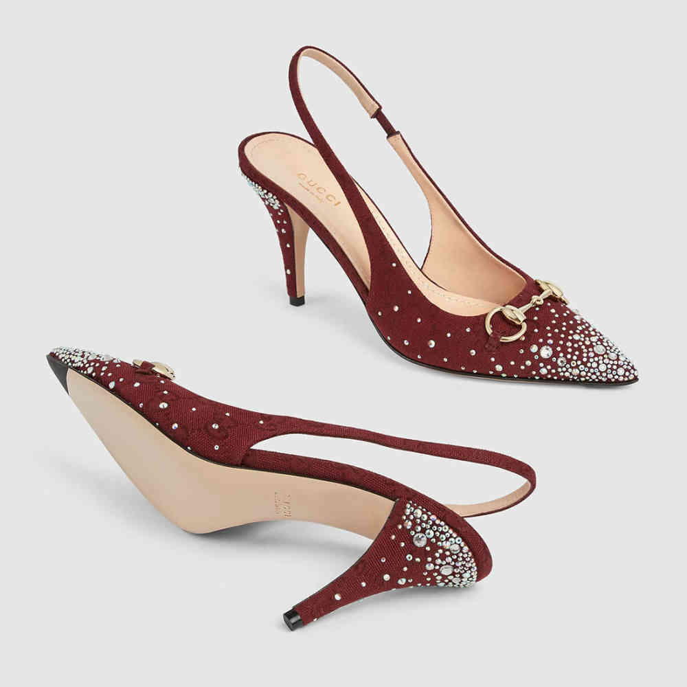 Gucci Women's Crystal Horsebit Red Slingback Heels Sandles-thumb-2