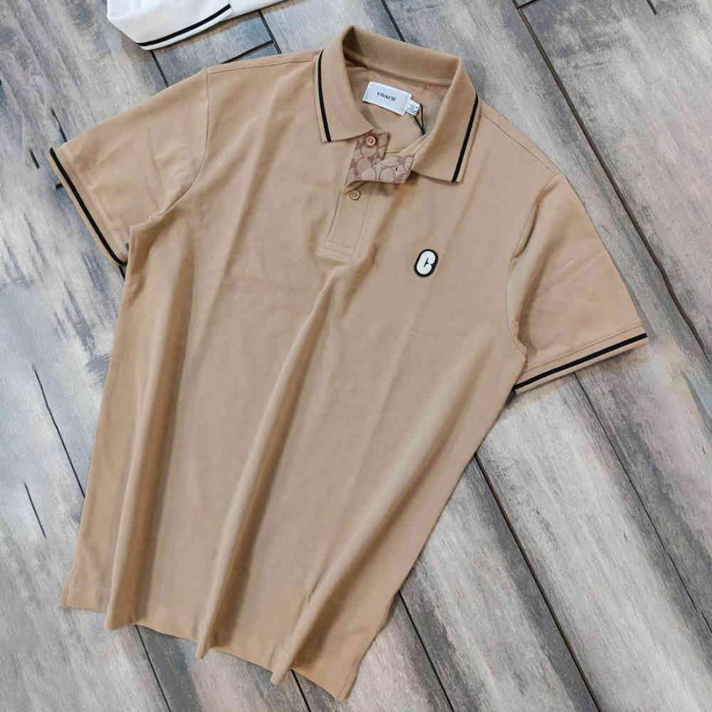 Brown Coach Embroidered logo Striped Pique White Polo T-shirt