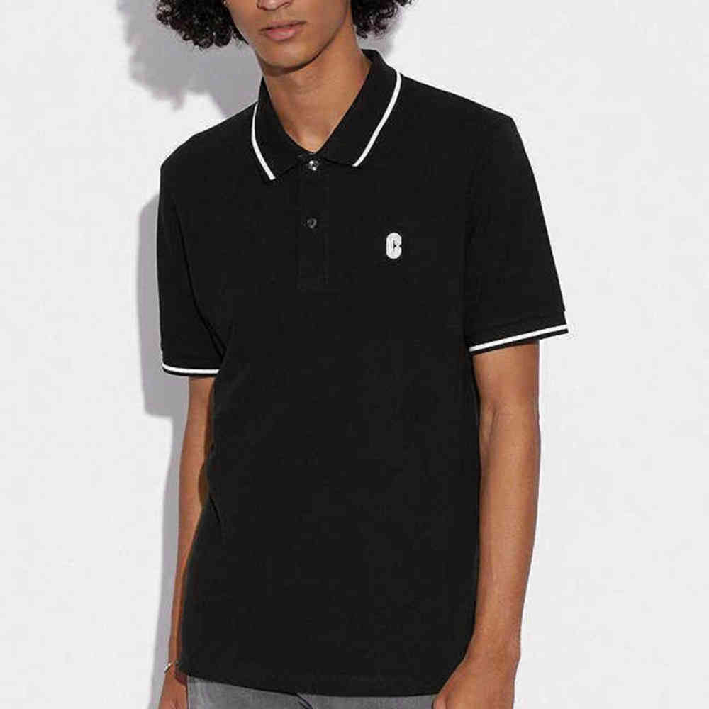 Black Coach Embroidered logo Striped Pique White Polo T-shirt