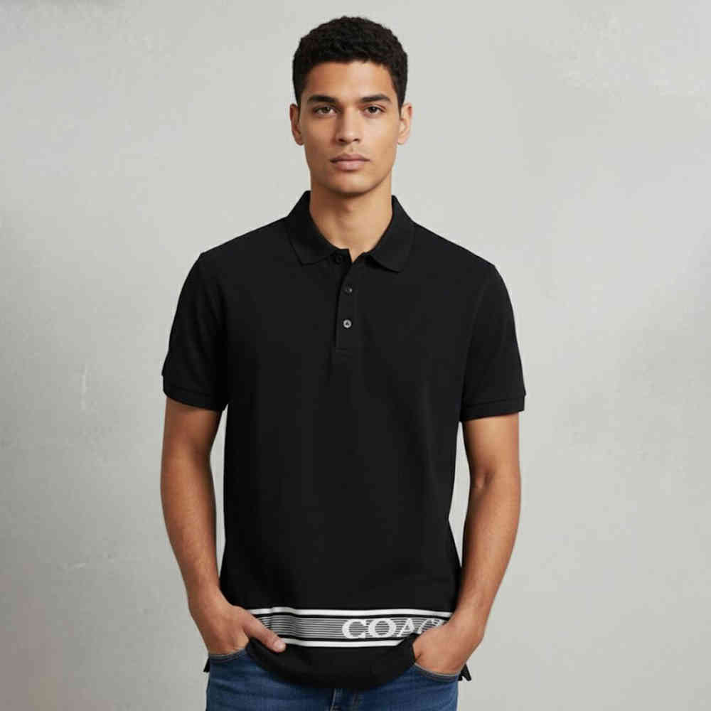Coach Embroidered logo Striped Pique Black Polo T-shirt-thumb-1