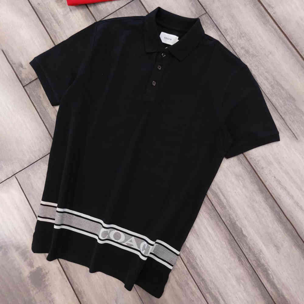 Coach Embroidered logo Striped Pique Black Polo T-shirt-thumb-2