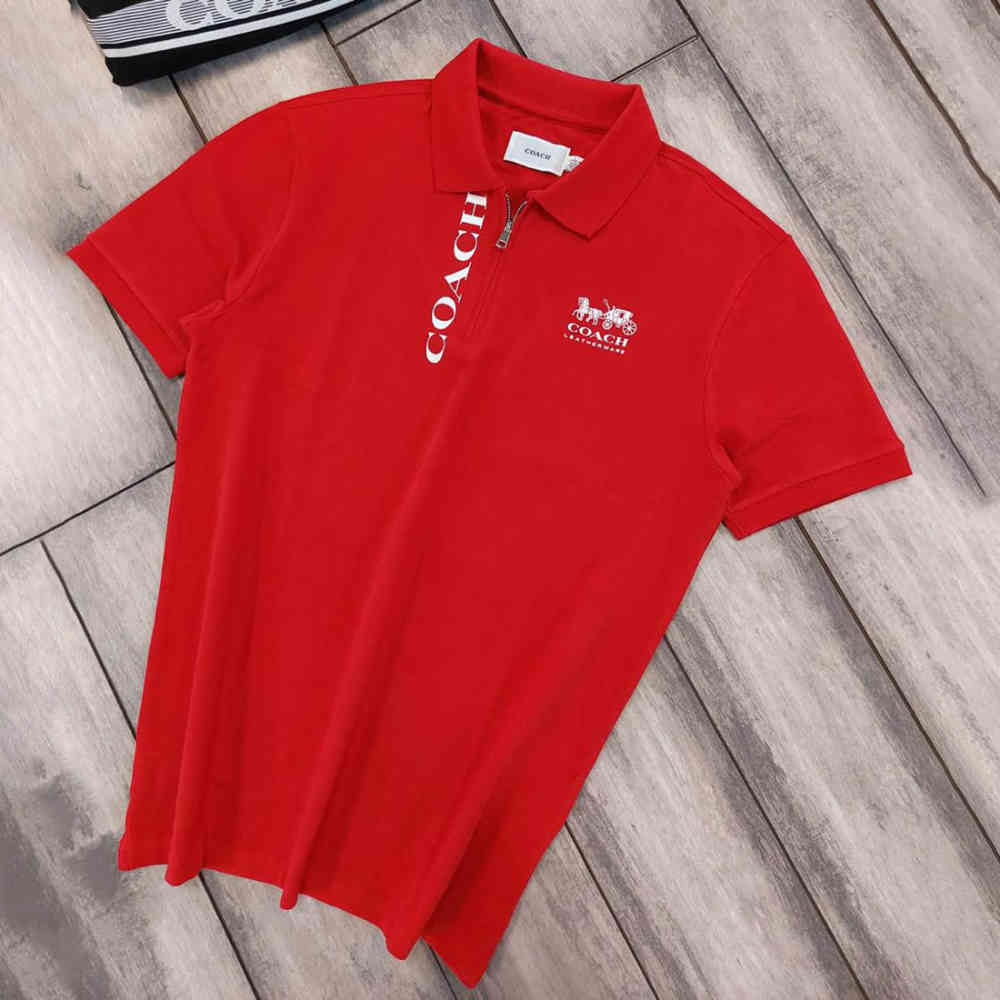Coach Embroidered logo Striped Pique Red Polo T-shirt-1