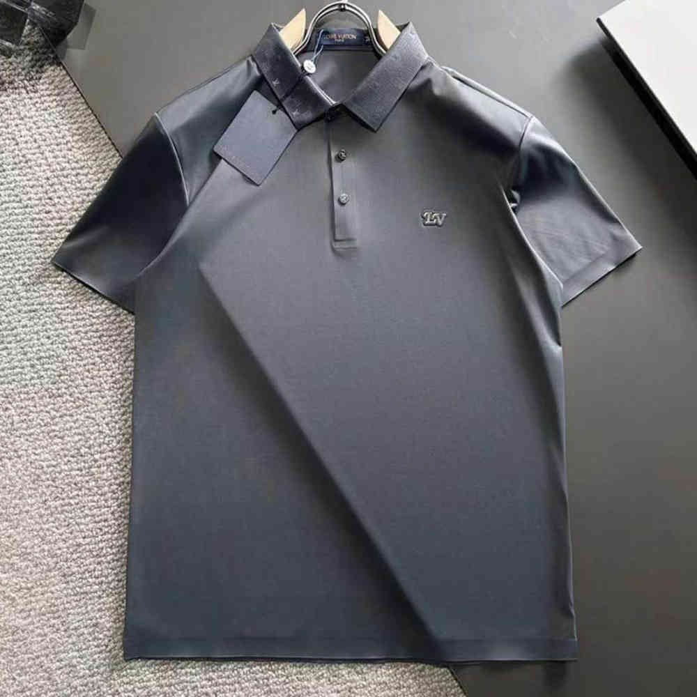 Grey Louis Vuitton Black Embroidery Logo Premium Polo T-shirt