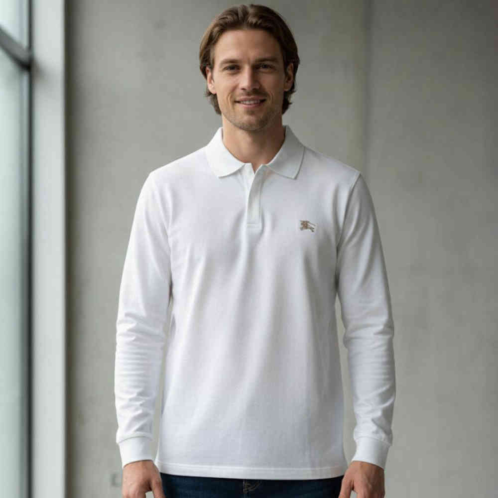 White Burberry Brown Premium Full Sleeves Polo T-shirt