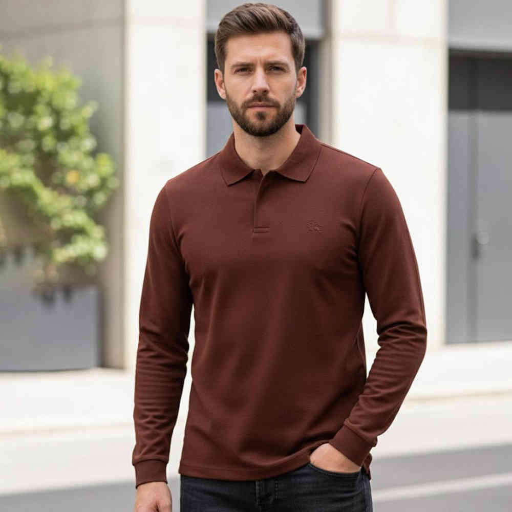 Dark Brown Burberry Brown Premium Full Sleeves Polo T-shirt