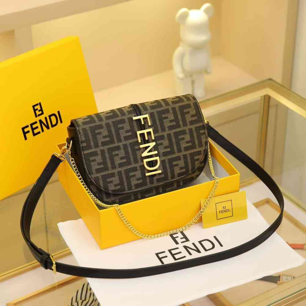 Brown Fendi Baguette FF embroidery Dark Brown canvas Sling Bag
