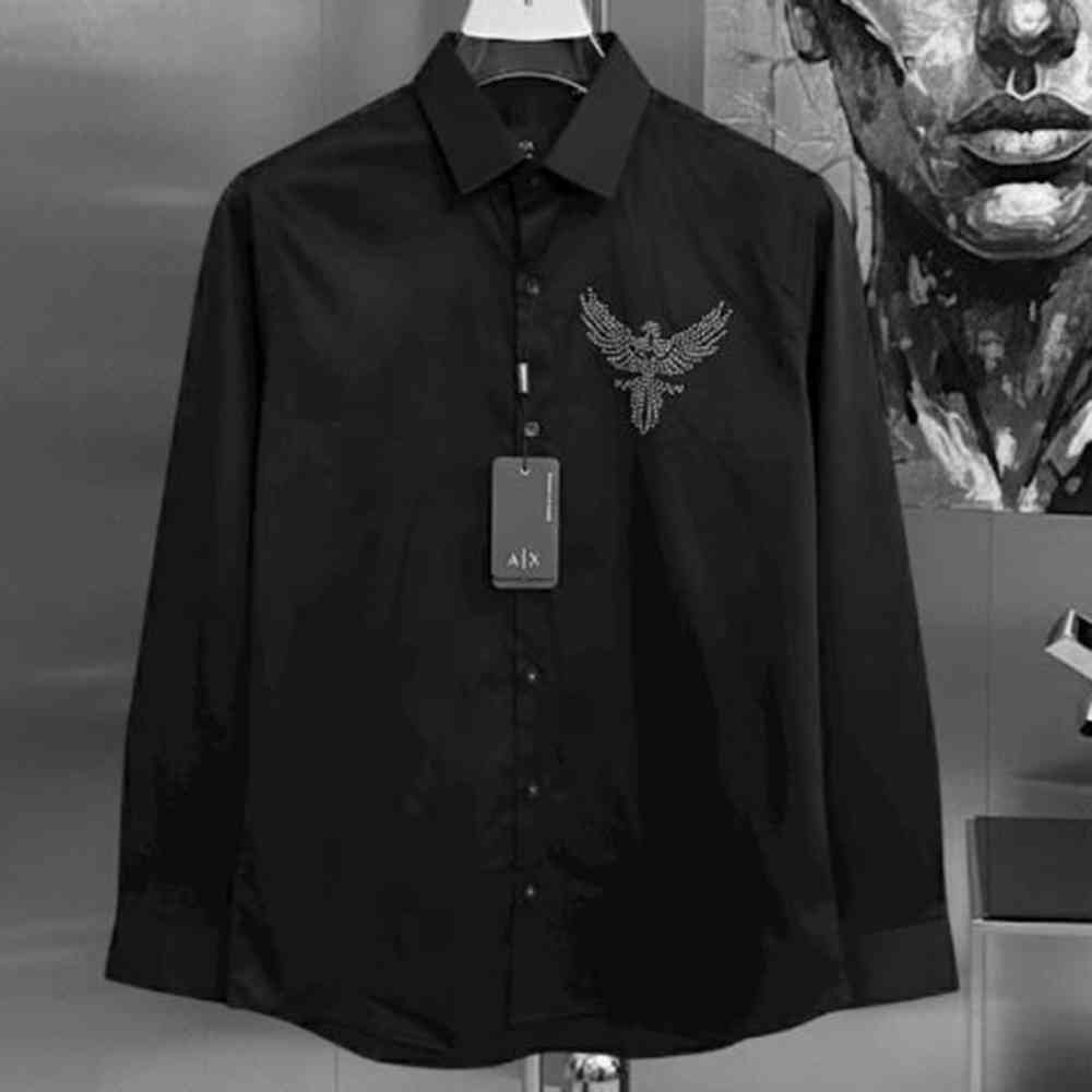 Black Armani Exchange Eagle Print Blue Cotton Shirt