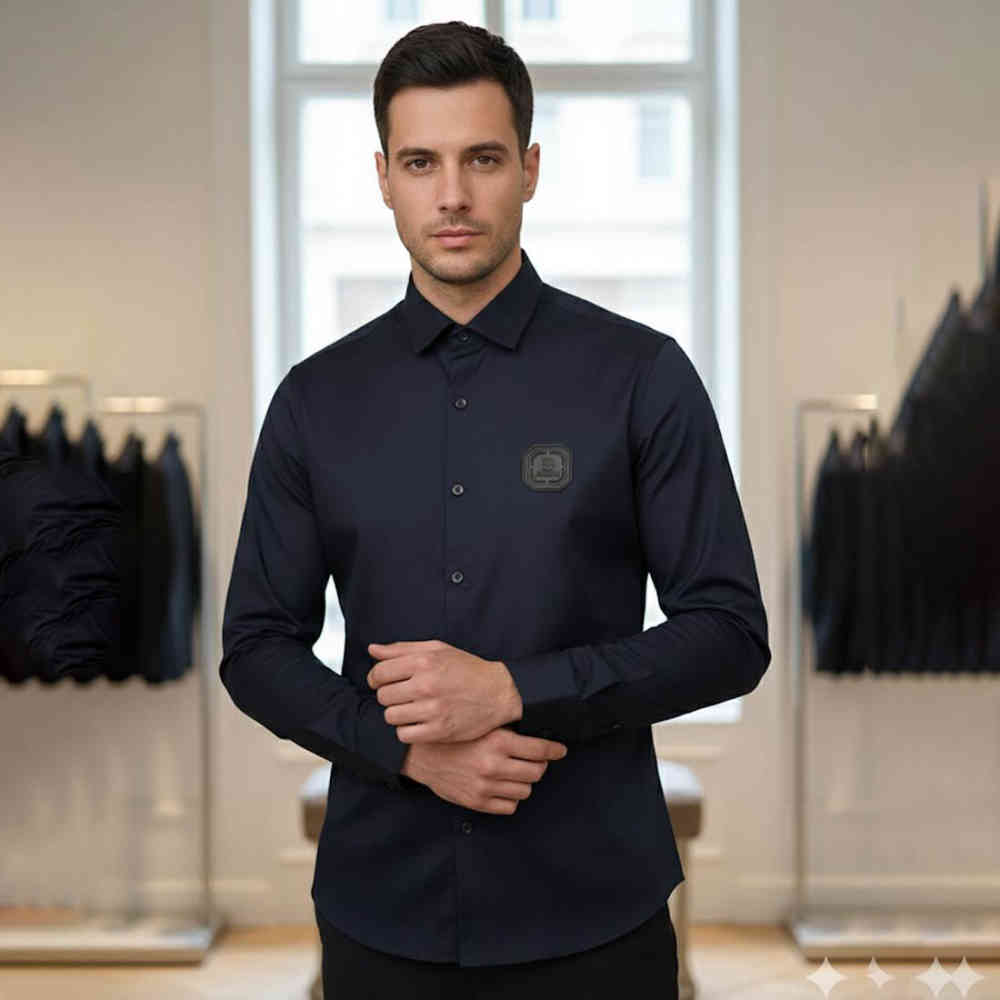 Blue Balmain Embroidered Black Premium Cotton Shirt