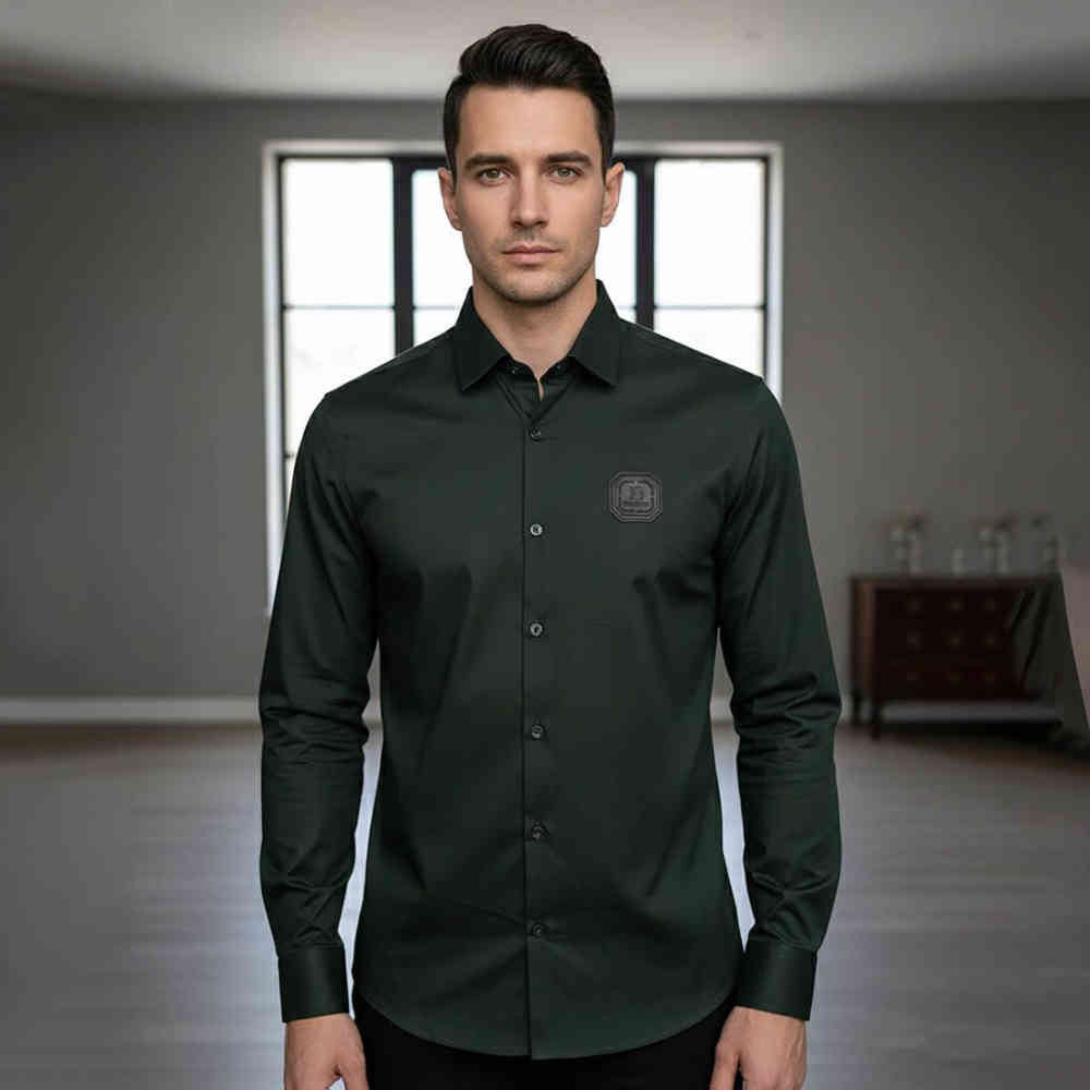 Green Balmain Embroidered Black Premium Cotton Shirt