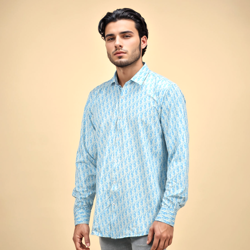 Sky Blue Dior Monogram Printed White Premium Quality Shirt