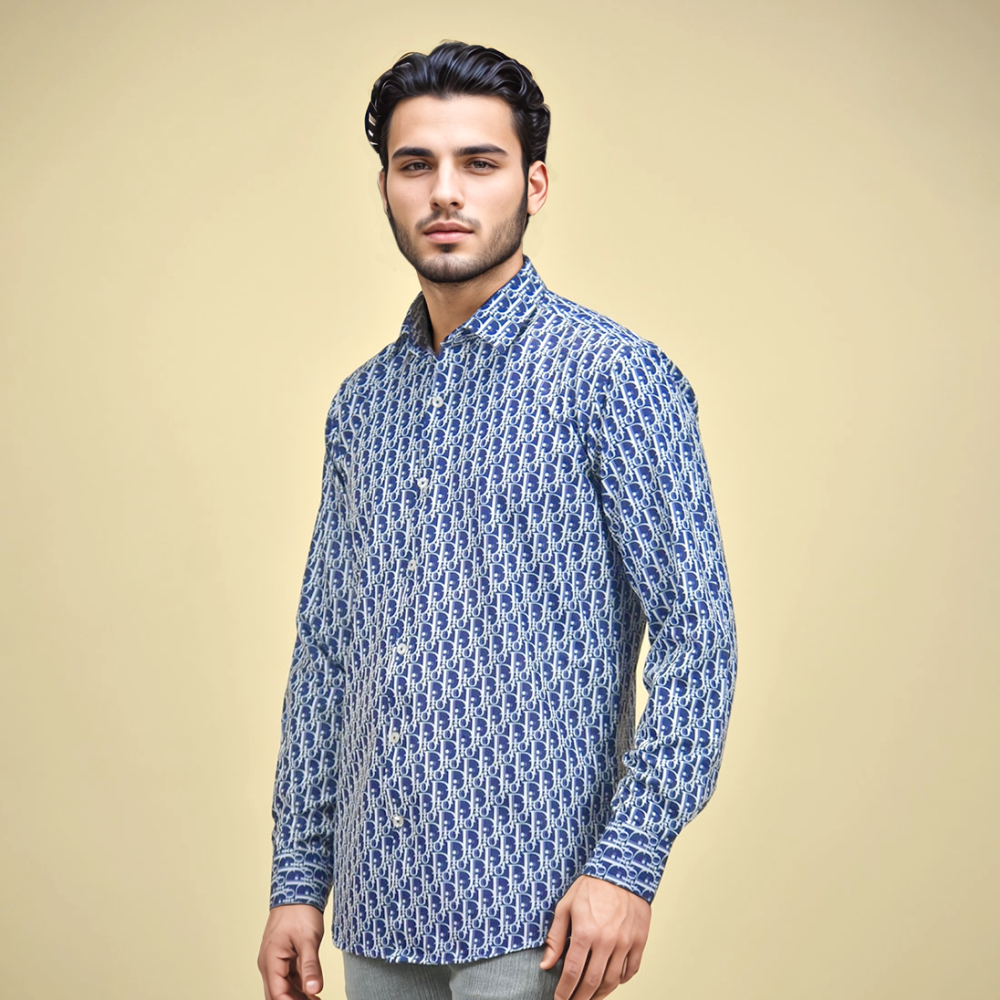 Navy Blue Dior Monogram Printed White Premium Quality Shirt