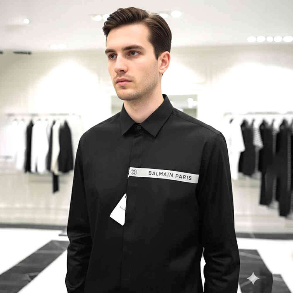 Black Balmain Embroidered White Premium Cotton Shirt