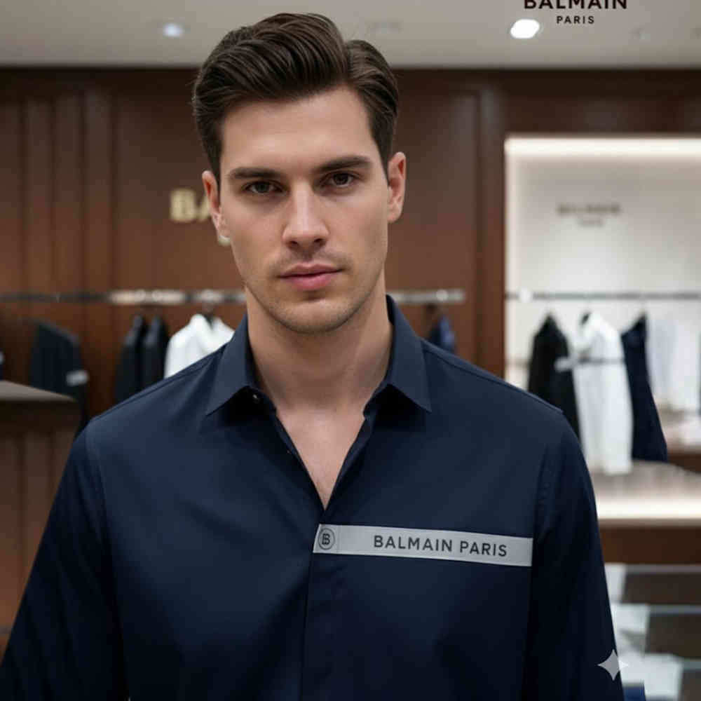 Blue Balmain Embroidered White Premium Cotton Shirt