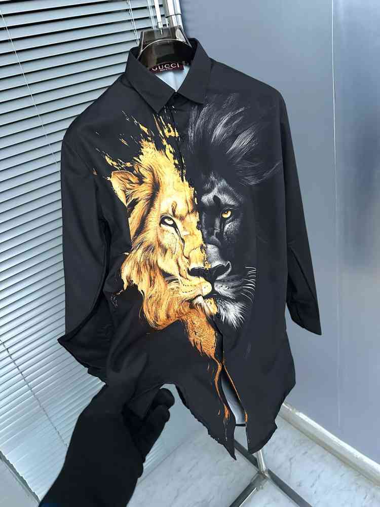 Gucci Lion Print Black Premium Quality Cotton Shirt-3