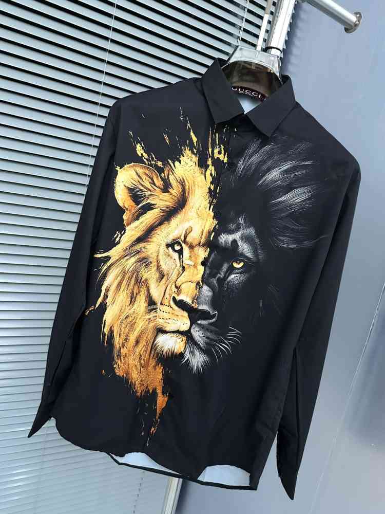 Gucci Lion Print Black Premium Quality Cotton Shirt-1