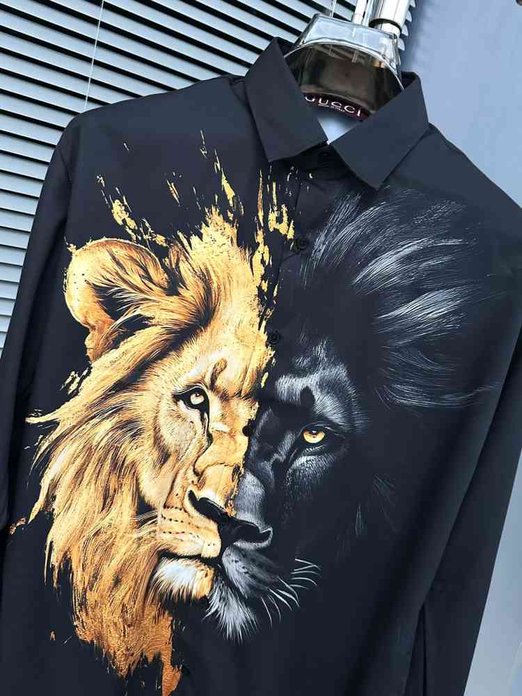Gucci Lion Print Black Premium Quality Cotton Shirt-4