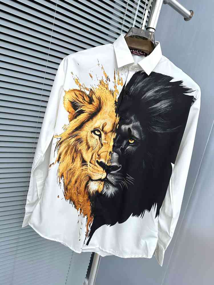 Gucci Lion Print White Premium Quality Cotton Shirt-2