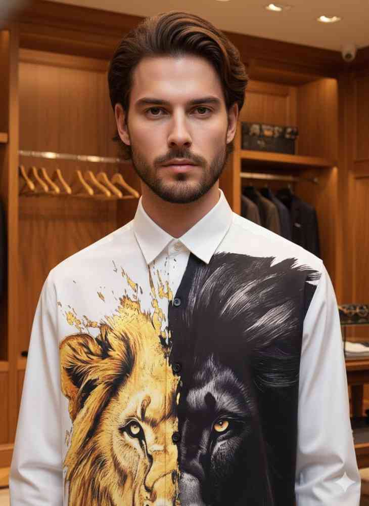 White Gucci Lion Print Black Premium Quality Cotton Shirt
