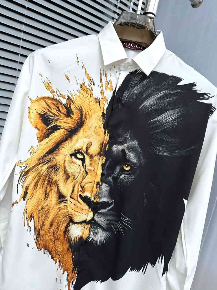 Gucci Lion Print White Premium Quality Cotton Shirt-3