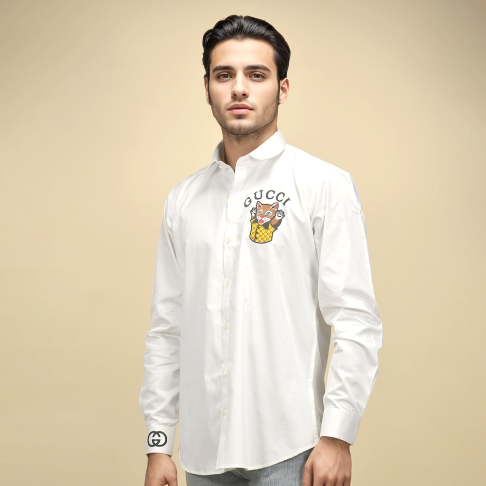 White Gucci Cat Print Navy Blue Premium Shirt